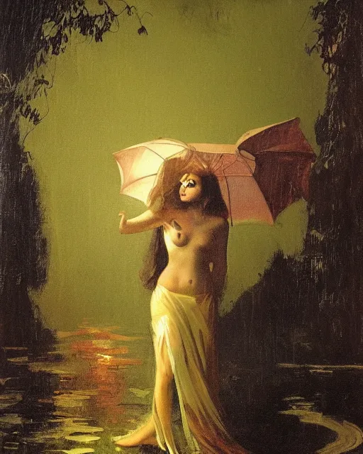 Prompt: a baroque painting of a girl meeting the devil in the rain at night, 1 9 7 0 s, seventies, wallpaper, delicate embellishments, painterly, offset printing technique, by brom, robert henri, walter popp