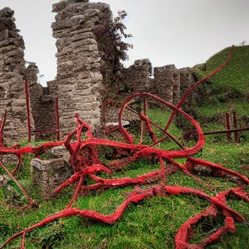 Prompt: the ruins of a village made out of stone, overgrown with red vines