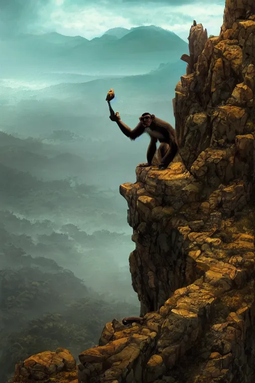 Image similar to a monkey standing at the top of a cliff throwing a bone in the air , dramatic lighting, cinematic, establishing shot, extremly high detail, photorealistic, cinematic lighting, artstation, style by James Gurney