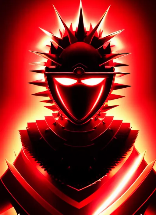 Image similar to a striking cinematic full body manga portrait of a long black haired masked male teenager wearing imposing red jagged spiked plate armour and glowing with raging powerful red energy by hirohiko araki and beeple, fine details, digital art, character concept art, volumetric lighting, cinematic light, photorealistic