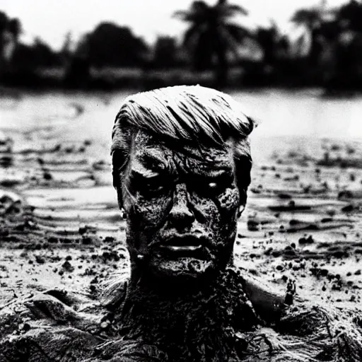 Image similar to the terminator disguised as donald trump, rising out of muddy vietnam river, face covered in mud, low camera angle at water level, night time, film still from apocalypse now ( 1 9 7 9 ), 2 6 mm,