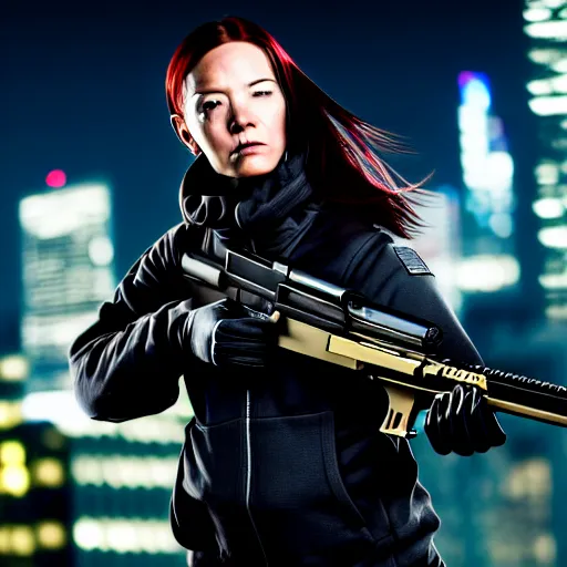Prompt: photographic portrait of a techwear woman holding a shotgun, holding shotgun down, closeup, on the rooftop of a futuristic city at night, sigma 85mm f/1.4, 4k, depth of field, high resolution, full color, award winning photography, Kill Bill, John Wick, Die Hard, movies with guns, movie firearms, anatomically correct hands