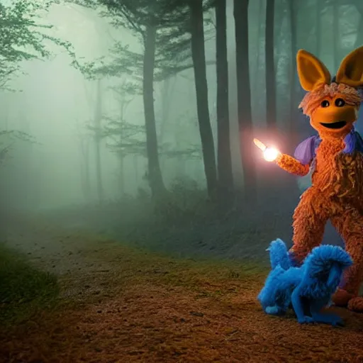 Image similar to a large two tailed druid fox muppet wearing a hooded cloak holding a lit torch and herding a bunch of random muppet animals following behind through a dark foreboding misty blue forest at night, sesame street, photograph, photography, ultrarealistic, national geographic