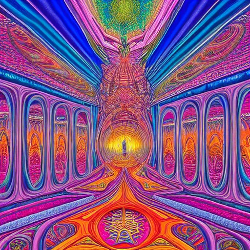 Prompt: beautiful painting of the inside of a dmt cathedral filled with magical energy and infinite rooms by moebius and alex grey