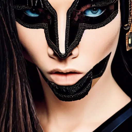 Prompt: close up of the face of a female fashion model, model wearing a geometric black dress with circuit print, photography , official versace editorial , highly detailed