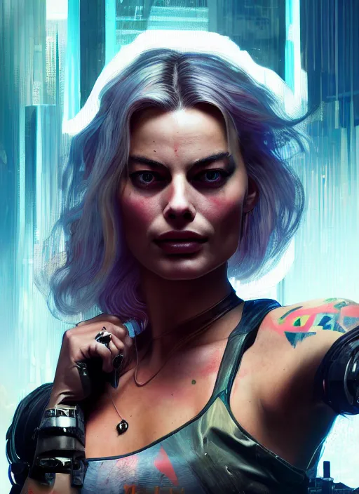 Prompt: portrait of Margot Robbie as a character in arabian Cyberpunk 2077, looking at camera, intricate, dystopian, sci-fi, extremely detailed, digital painting, artstation, concept art, smooth, sharp focus, illustration, intimidating lighting, incredible art by artgerm and greg rutkowski and alphonse mucha and simon stalenhag