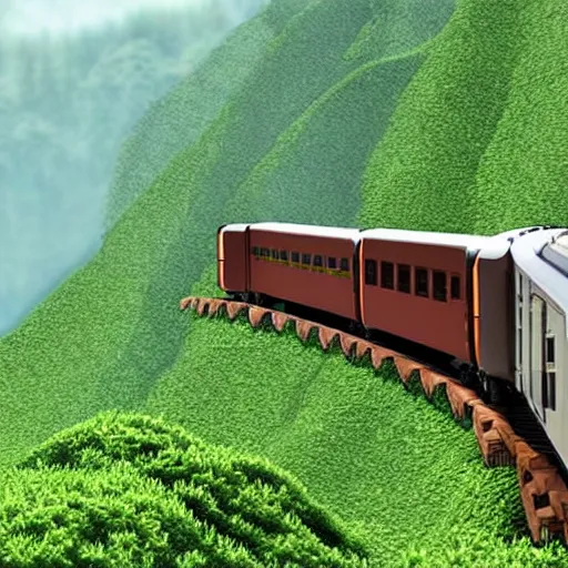 Image similar to a train travels through the mountains and forests,hyperrealistic