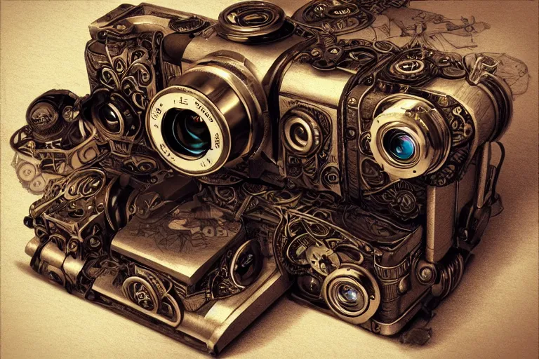 Image similar to a steampunk camera film by artgerm, hyper detailed, trending on artstation