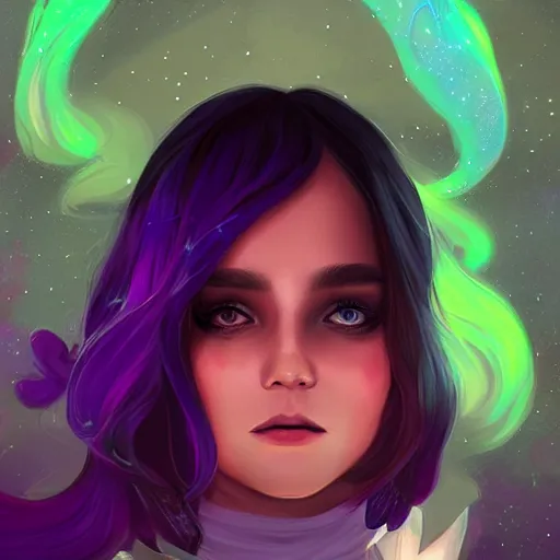 Image similar to a nonbinary changeling with a cloak of stars, aurora colored hair, curious expression, character art, trending on artstation, artgerm, 4k ultra hd, sharp focus, digital art by Ilya Kuvshinov and Ross Tran,