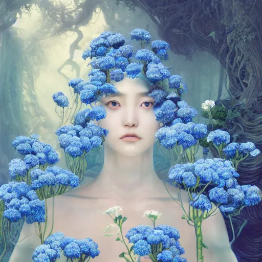 Image similar to breathtaking detailed concept art painting of the goddess of nemophila flowers, orthodox saint, with anxious, piercing eyes, ornate background, amalgamation of leaves and flowers, by Hsiao-Ron Cheng, James jean, Miho Hirano, Hayao Miyazaki, extremely moody lighting, 8K