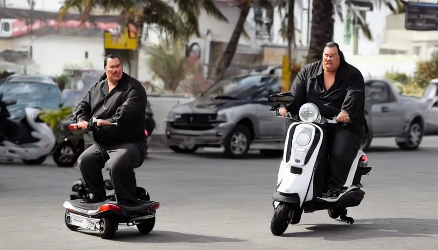 Image similar to obese Steven Seagal riding a mobility scooter, action cinematography