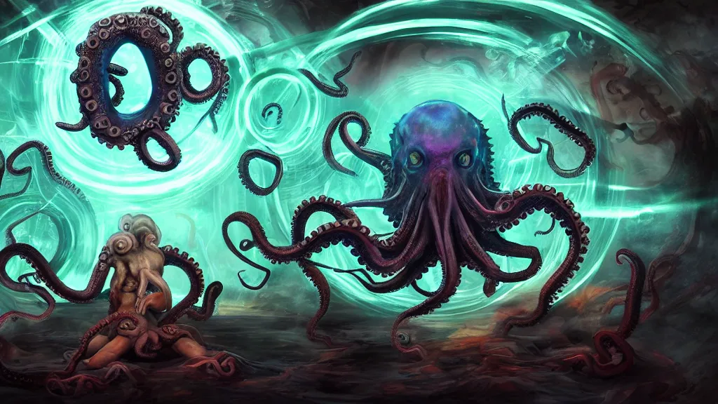 Prompt: mages in circle summoning an evil octopus beast. lighting, flux, bacteria, swirl. fantasy, digital painting, hd, highly detailed.