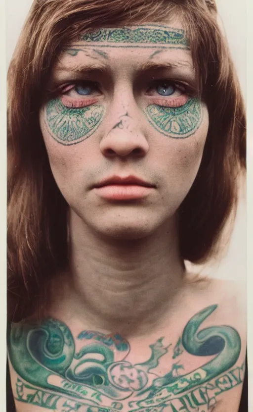 Image similar to a heavily tattooed white girl with brown hair and green eyes, dutch, wide set eyes, oval face, round cheeks, leica s, 5 0 mm lens, kodachrome, 1 9 6 9, shot by platon