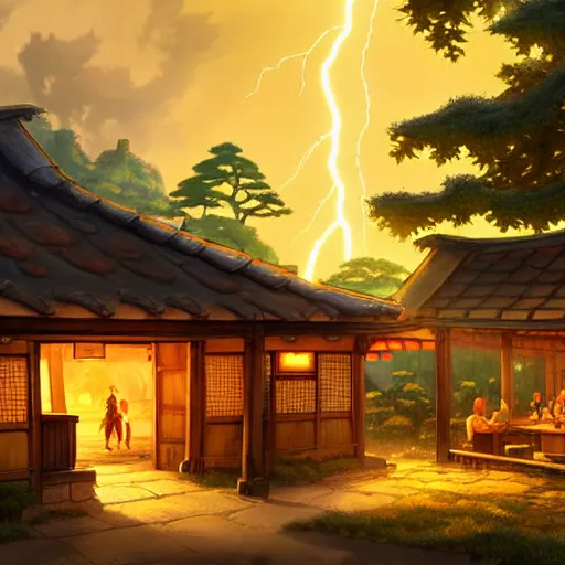 Prompt: concept art painting of a tavern with european and japanese architecture, in a small medieval village surrounded by trees, in a mountain valley, evening, sunset lightning, realistic, highly detailed, cel shaded, in the style of makoto shinkai and greg rutkowski and james gurney