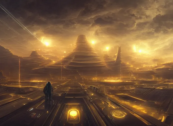 Image similar to cult of technology, exterior of scifi temple, machines, robots, ultra realistic, golden computers, highly detailed, clouds, futuristic landscape, city, atmosphere, masterpiece, epic lighting, glowing wires, mysterious, illuminated, 4 k, cinematic, art by patryk olkiewicz and chris ostrowski and liang yao