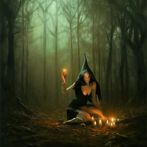 Image similar to witch performing a ritual in a dark forest painted by Raymond Swanland