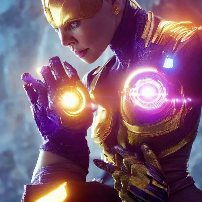 Image similar to ((The Infinity Gauntlet)), Charlize Theron, intricate artwork. octane render, trending on artstation, very coherent symmetrical artwork. thanos. cinematic, hyper realism, high detail, octane render, 8k, iridescent accents