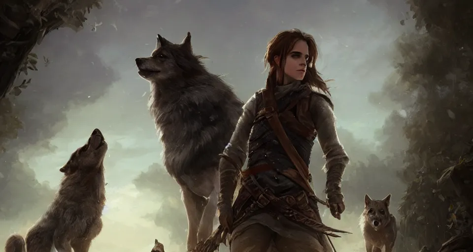 Prompt: wide shot of Emma Watson as a D&D Ranger with two wolves, trending on artstation, illustration, cgsociety, 8k, beautiful face, cinematic art by Greg Rutkowski and Thomas Kinkade and William O'Connor