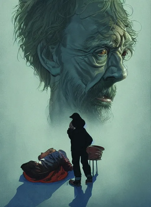 Image similar to poster artwork by Michael Whelan and Tomer Hanuka, Karol Bak of Chuck Norris as the local homeless man in the small town who has a spiritual connection to the world and is the protector of the woods, from scene from Twin Peaks, clean