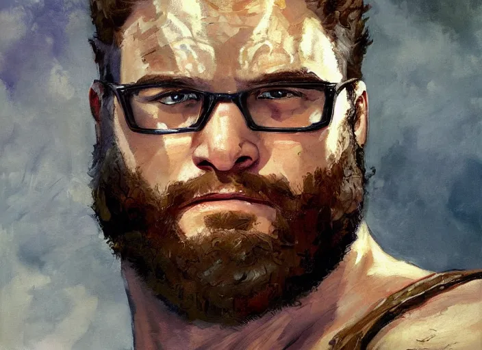 Prompt: a highly detailed beautiful portrait of seth rogen as kratos, by gregory manchess, james gurney, james jean