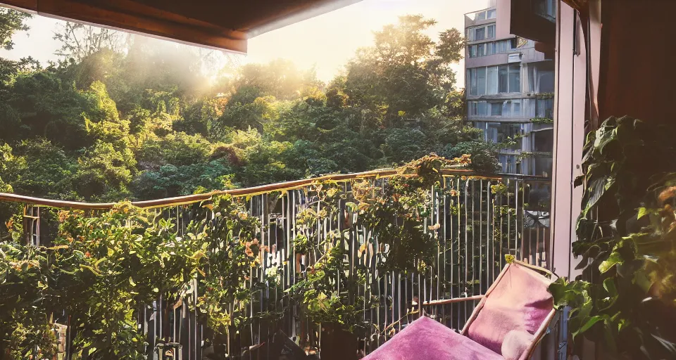 Prompt: a cozy appartment with an overgrown balcony, studio Ghibli style, golden hour