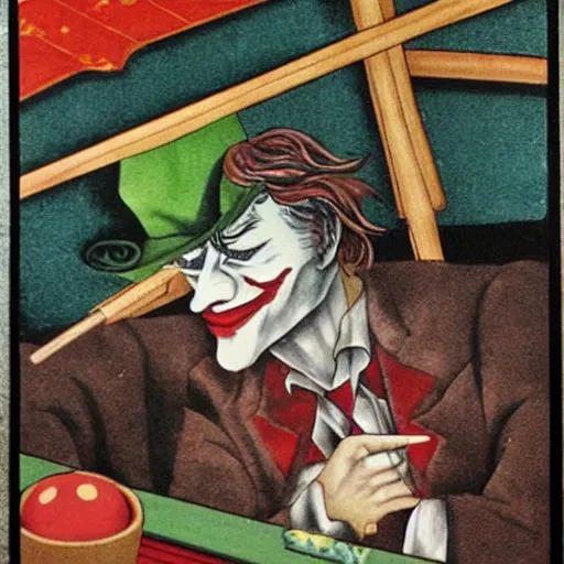 Image similar to the joker playing pool by foujita, tsuguharu, magical realism