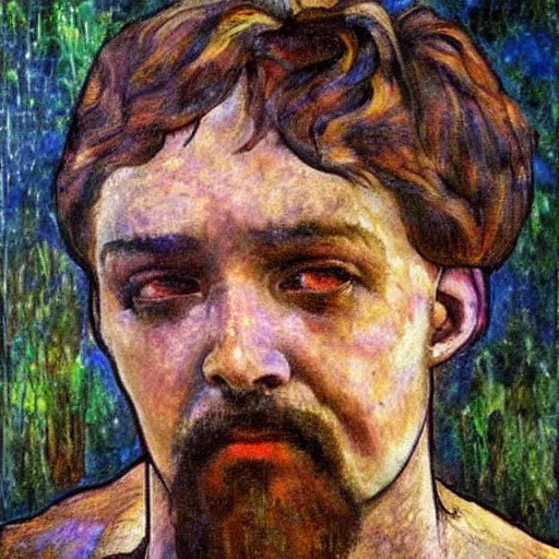 Image similar to Painting. A man with a large head and a small body is floating in the air, his arms and legs flailing. His clothes are tattered and he has a wild look in his eyes. by Louis Comfort Tiffany sad