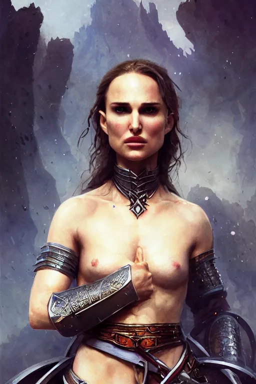 Image similar to natalie portman, legendary warrior, heroic fighter, lord of the rings, tattoos, decorative ornaments, battle armor, by carl spitzweg, ismail inceoglu, vdragan bibin, hans thoma, greg rutkowski, alexandros pyromallis, perfect face, finely detailed, realistic shading