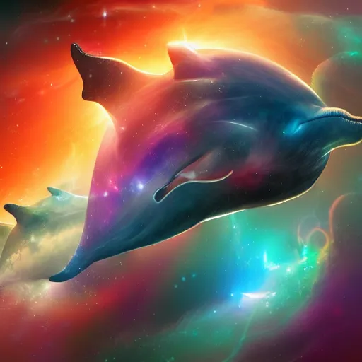 Prompt: digital illustion of a pod of majestic cosmic dolphins swimming through a nebula in space, deviantArt, artstation, artstation hq, hd, 4k resolution