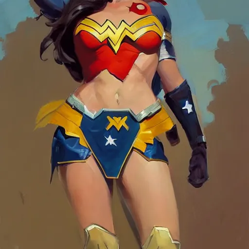 Image similar to greg manchess portrait painting of wonderwoman as overwatch character, medium shot, asymmetrical, profile picture, organic painting, sunny day, matte painting, bold shapes, hard edges, street art, trending on artstation, by huang guangjian and gil elvgren and sachin teng