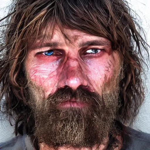 Prompt: a sadistic homeless murderer, closeup headshot, long shaggy hair, gross teeth, soulless eyes, dirty, 8 k, realistic, mug shot, photo realism, ambiant occlusion