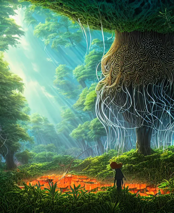 Image similar to a huge schoolhouse made from jellyfish, overgrown with huge exotic fungus, deep in the woods, noon, sun drenched, partly cloudy, by dan mumford, yusuke murata, makoto shinkai, ross tran, cinematic, unreal engine, cel shaded, featured on artstation, pixiv