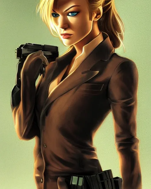 Prompt: yvonne strahovski in a spy outfit, anime medium shot, very anime, ambient lighting, perfect composition, ambient lighting, beautiful face, very extremely detailed blue eyes, eyes in the focal point, smooth shading, digital art