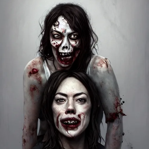 Image similar to color head portrait of aubrey plaza and lena headey grinning as a zombie, 7 days to die zombie, gritty background, fine art, award winning, intricate, elegant, sharp focus, cinematic lighting, digital painting, 8 k concept art, art by michael hussar, art by brom, art by guweiz and z. w. gu, 8 k