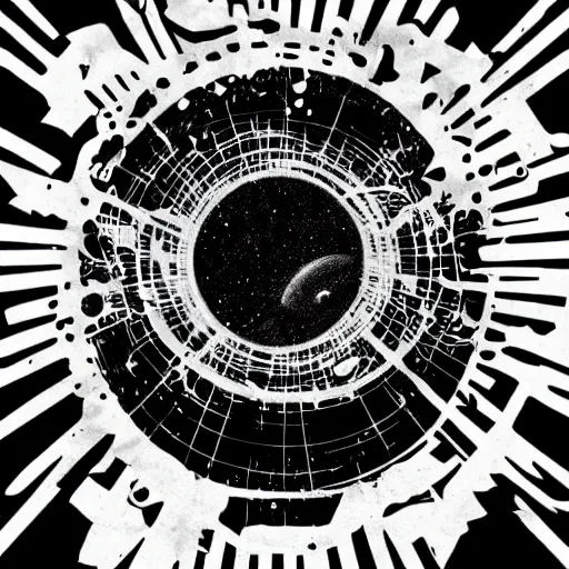 Image similar to tattoo logo black hole with accretion disk rises above the city destroying it with a shockwave, digital art, black and white, vector sticker, art by greg rutkowski, gonzalo fuenmayor, asher brown durand