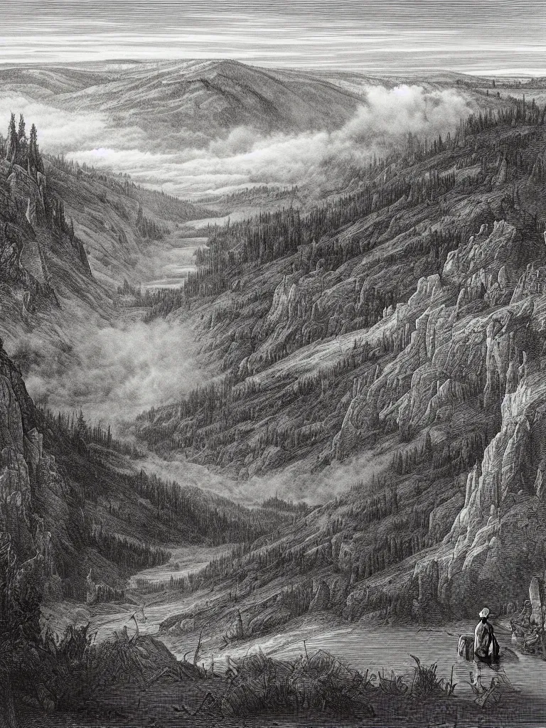 Image similar to an engraving of yellowstone national park by gustave dore and albrecht durer highly detailed, fog, depth, lithograph engraving