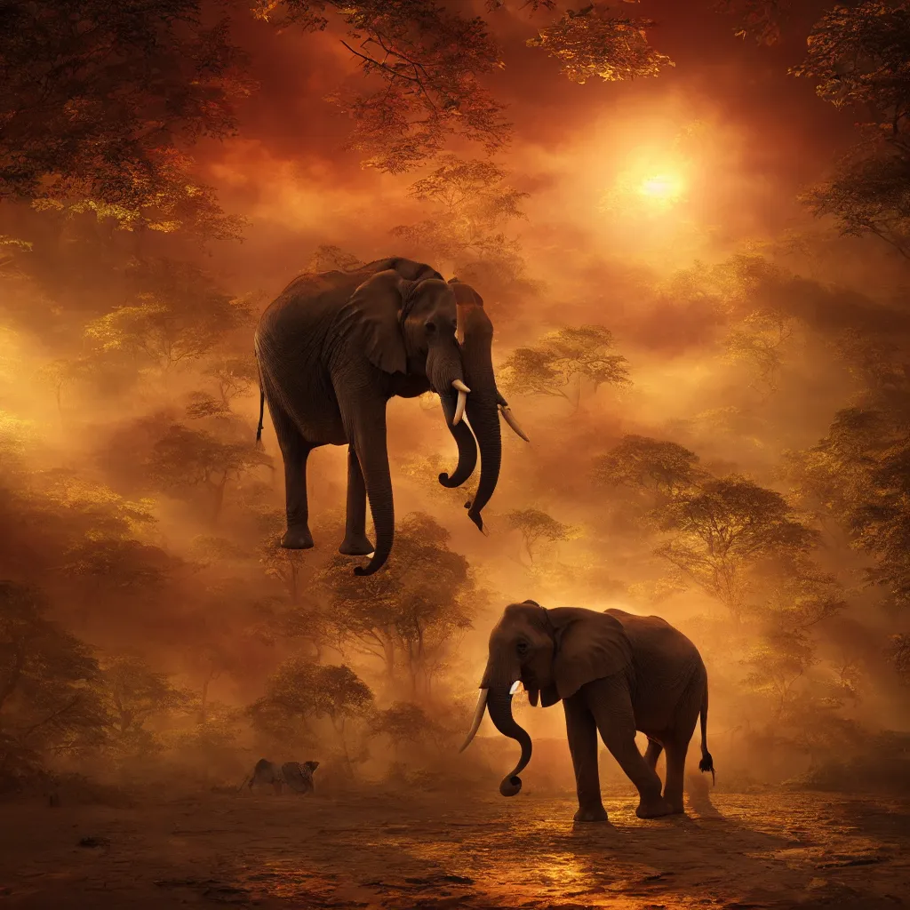 Prompt: one elephant in a wooden house, red crystal, art station, volumetric lighting, beautiful, golden hour, sharp focus, ultra detailed, concept art