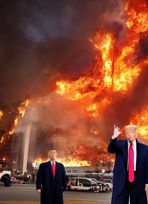 Image similar to a beautiful photo of donald trump being unfazed by the fact that the trump tower is burning, intricate details, photography, volumetric light, 8 k