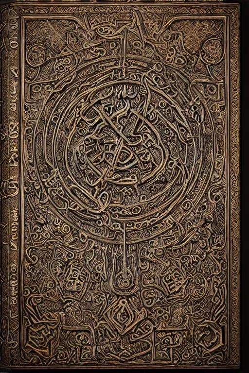 Image similar to an ancient ornate intricate old tome spell book satanic poetry with the sigil symbol of diablo emblazoned on the cover, cinematic, realistic, intricate detail, finely detailed, small details, extra detail, photorealistic, high resolution, 3 d, pbr, path tracing, volumetric lighting, octane render, arnold render, 8 k