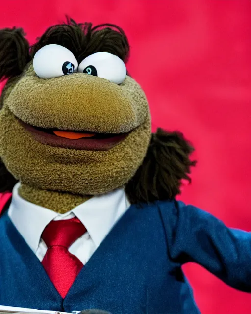 Image similar to closeup portrait of ted cruz muppet behind a podium in a cpac convention, intricate detail, octane, editorial photo