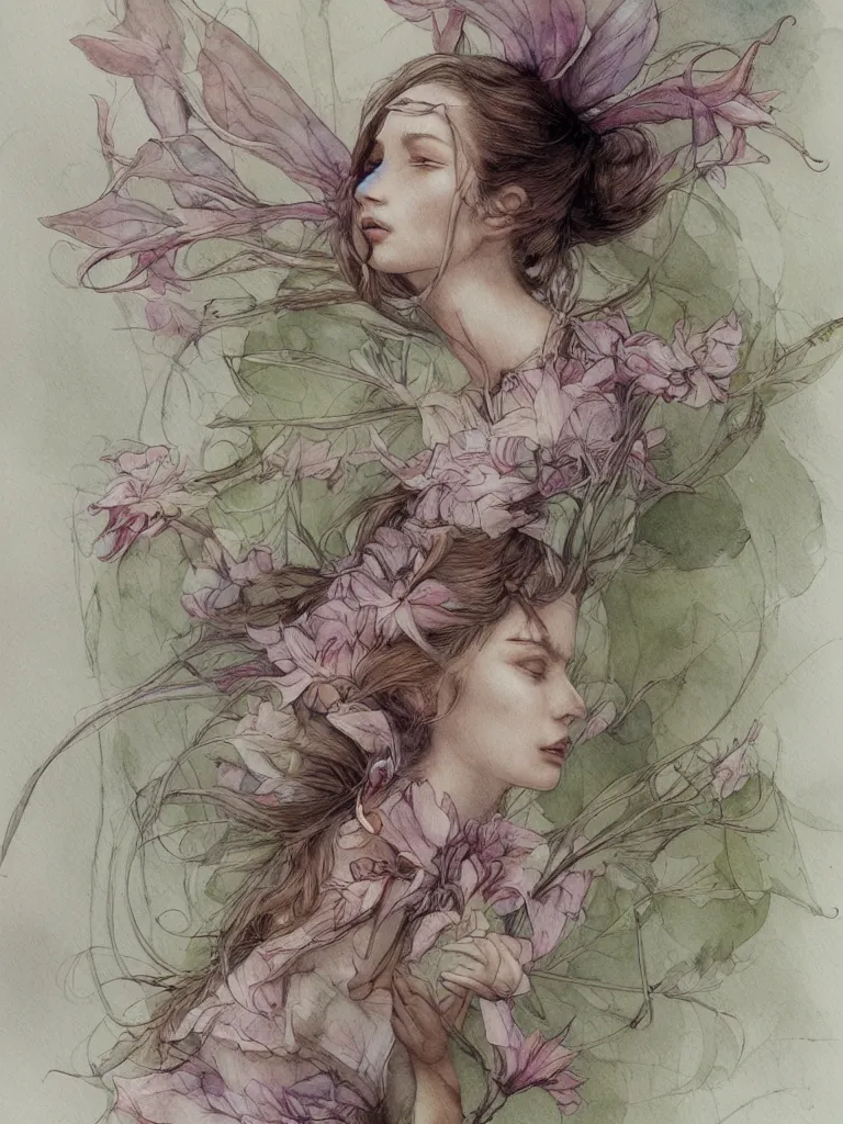 Image similar to study of a flower fairy, illustration, watercolor, alan lee, detailed, pretty, ethereal, realistic, artstation,