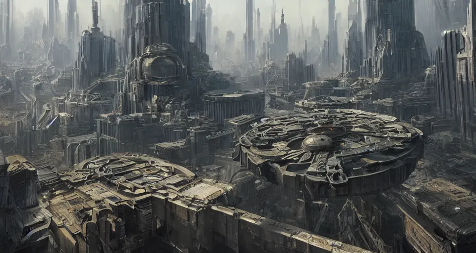 Image similar to hyper realistic sci - fi matte concept art painting of city made from giant stacks of disks, beautiful details, strong composition painted by kim jung guweta studio rutkowski, james gurney and greg rutkowski, and lucasfilm, smooth, intricate, detailed, sharp focus, cinematic