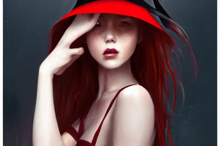 Prompt: beautiful woman, long red hair covers face, witch hat, dainty figure, torn overalls, short shorts, combat boots, wet tshirt, raining, basic white background, side boob, symmetrical hands, portrait, elegant, intricate, digital painting, artstation, concept art, smooth, sharp focus, illustration, art by artgerm and greg rutkowski and alphonse mucha,