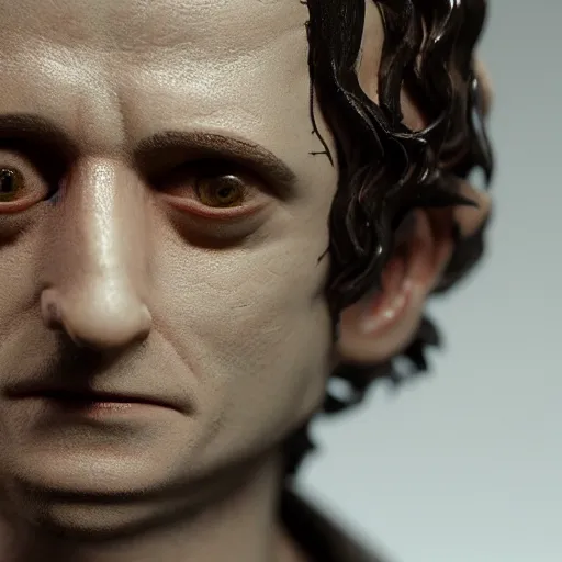 Image similar to tribute sculpture of elijah wood as frodo, high detail shot, smoking, render, cgsociety, photorealism