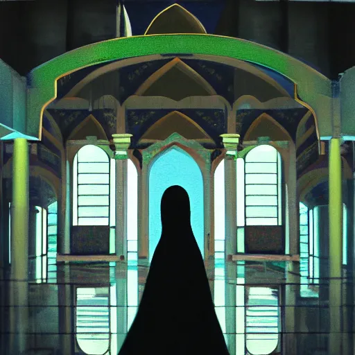 Image similar to beautiful woman, courtyard, capital, mosque interior, reflections, control panel, watcher, omniscient, tech noir, few neon signs, matte painting, speed painting, chiaroscuro, oil on canvas