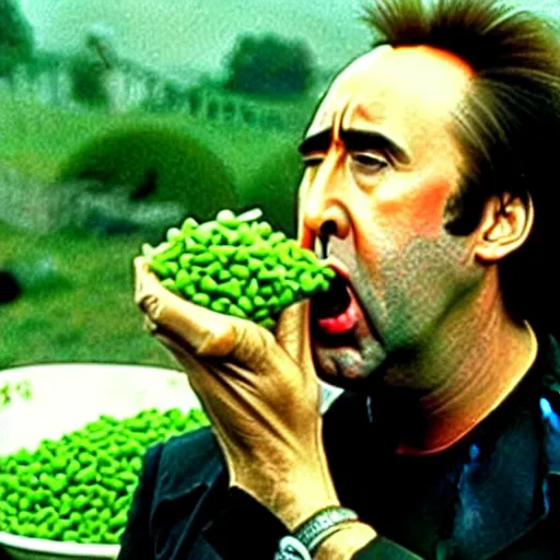 Image similar to nicolas cage screaming with a mouth full of peas, movie still, the wicker man