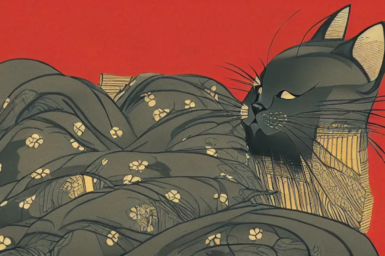 Image similar to cat in rain attacking Tokyo, ukiyo-e print, masterpiece, masterwork, artstation