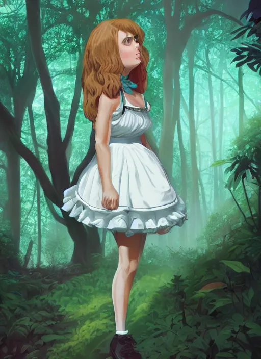 Prompt: joanna carlos as a girl in a maid dress in a dark forest, detailed upper body, gorgeous face, by dan mumford, trending on artstation, anime style, octane render
