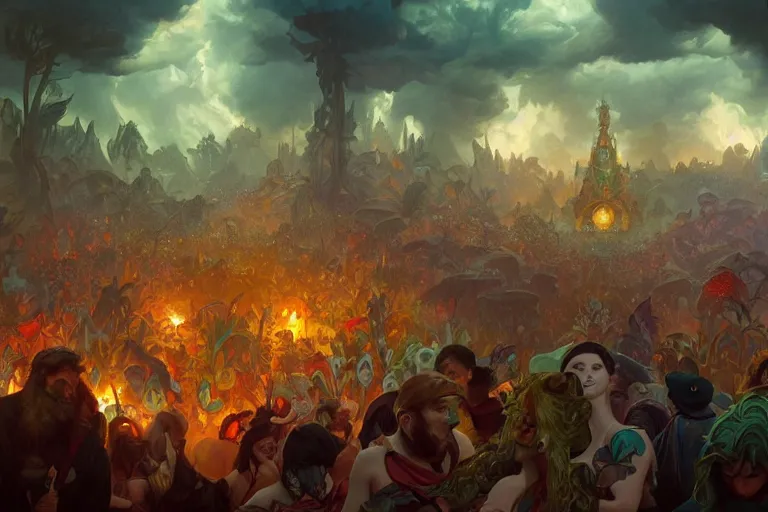 Image similar to a hyperrealistic render of a festival on an island in the middle of a thunderstorm, outdoor, art by Artgerm and Anato Finnstark and Greg Rutkowski and Alphonse Mucha, hearthstone art style, epic fantasty card game art, Beautiful dynamic dramatic moody lighting, shadows, cinematic, Octane, 8K