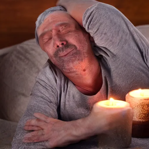 Image similar to photo of a man who is melted like a candle halfway down his body